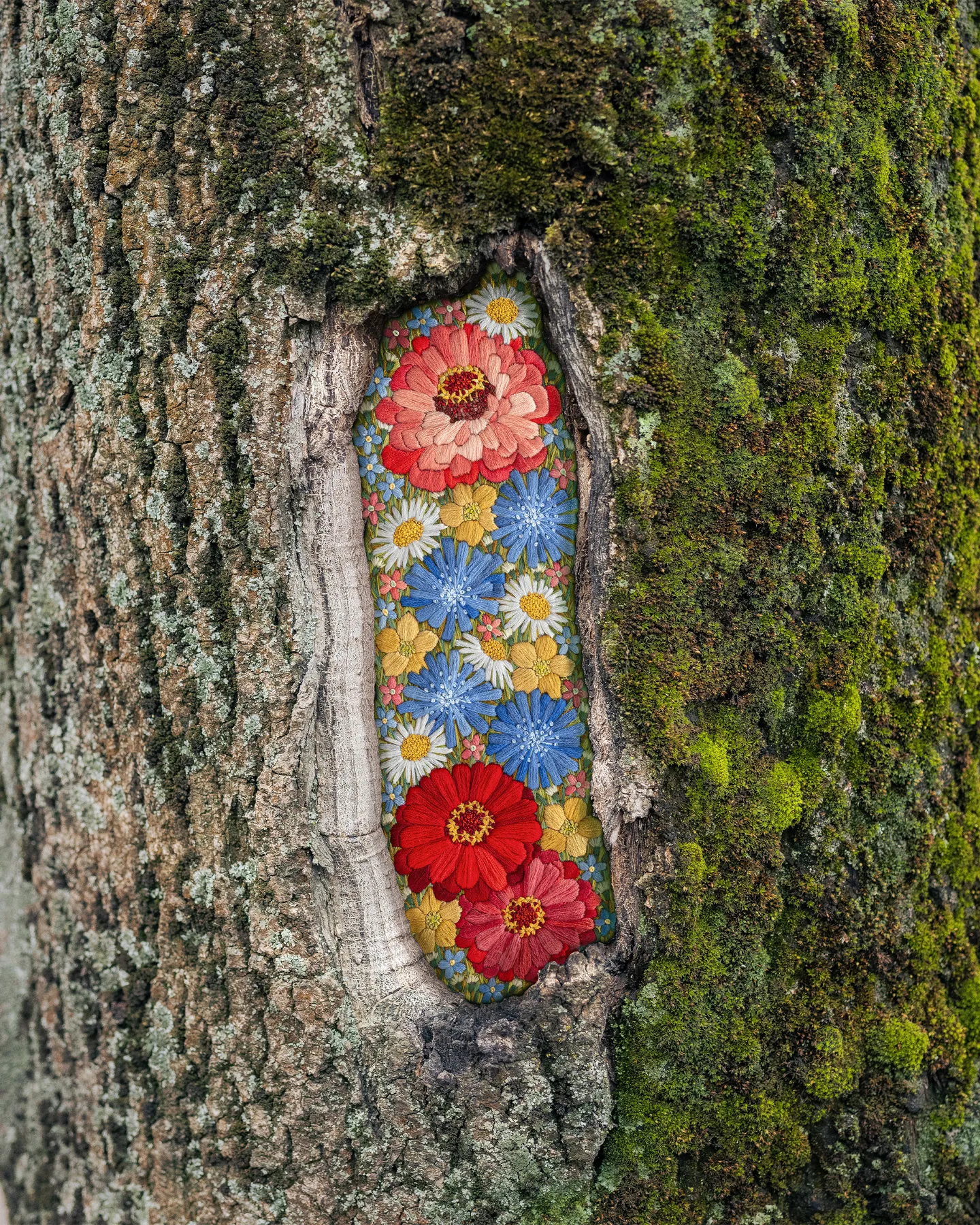Stitch by stitch, cracked and forgotten wall blossoms with a new life